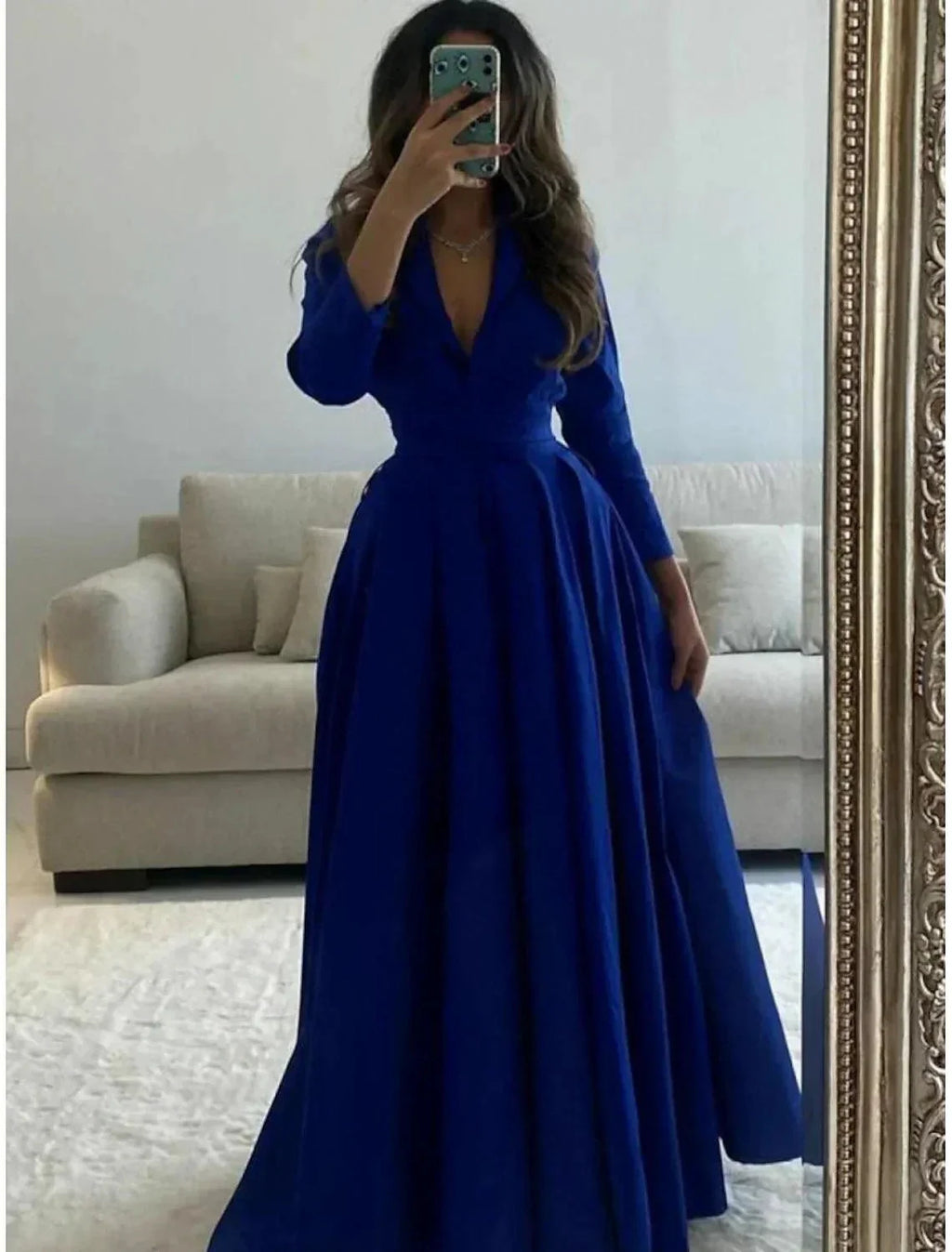 Gown Elegant Formal Length Sleeve V Neck with Pleats Evening Dress by Aabei Dress