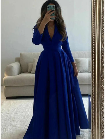 Vestido elegante de noche formal con mangas largas y escote en V y pliegues
