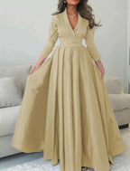 Gown Elegant Formal Length Sleeve V Neck with Pleats Evening Dress by Aabei Dress