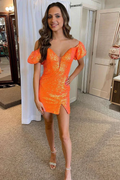 Orange Sequin Off-the-Shoulder Puff Sleeve Short Cocktail Dress Orange Homecoming Dress Y2896 by simplepromdress