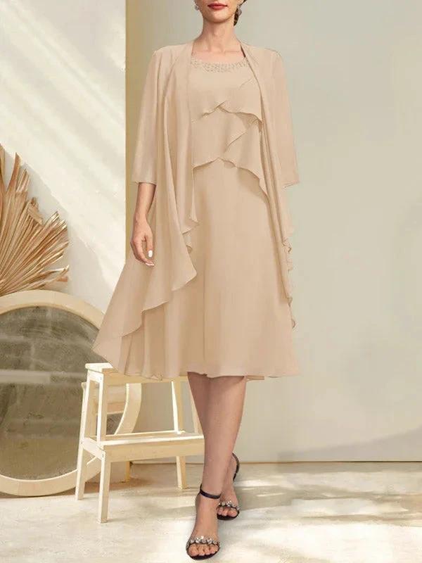 A-line Scoop Knee-Length Chiffon Mother of the Bride Dress With Beading by Dreamylily
