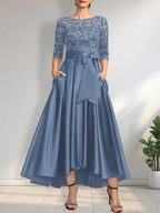 A-line Scoop Illusion Asymmetrical Satin Lace Mother of the Bride Dress With Bow by Dreamylily