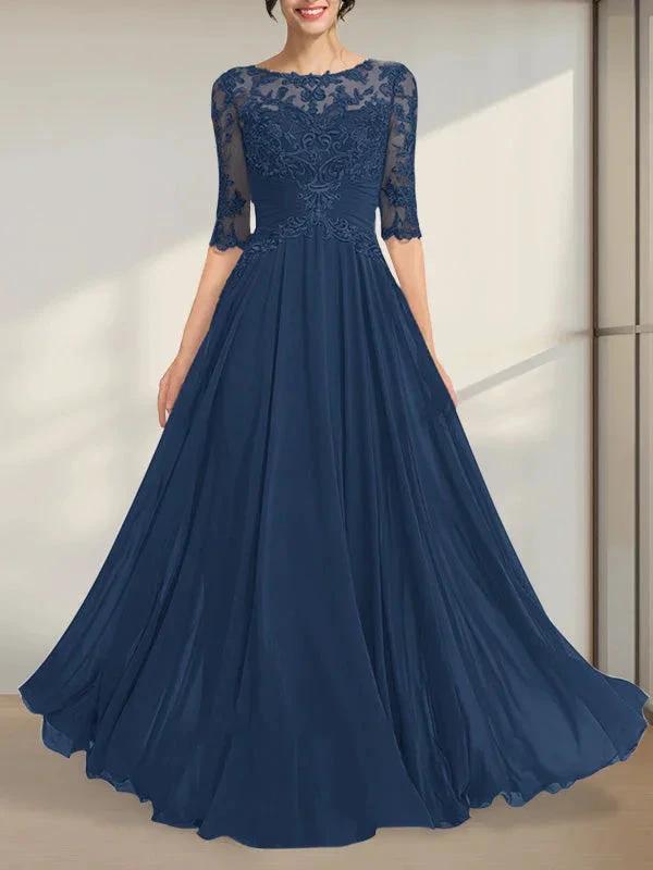 A-line Scoop Illusion Floor-Length Chiffon Lace Mother of the Bride Dress With Pleated Sequins by Dreamylily