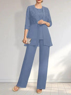 Jumpsuit/Pantsuit Separates Scoop Floor-Length Chiffon Lace Mother of the Bride Dress With Sequins by Dreamylily