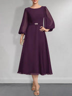 A-line Scoop Tea-Length Chiffon Mother of the Bride Dress With Crystal Brooch Pleated by Dreamylily