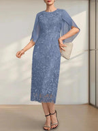 Sheath/Column Scoop Tea-Length Lace Chiffon Mother of the Bride Dress by Dreamylily