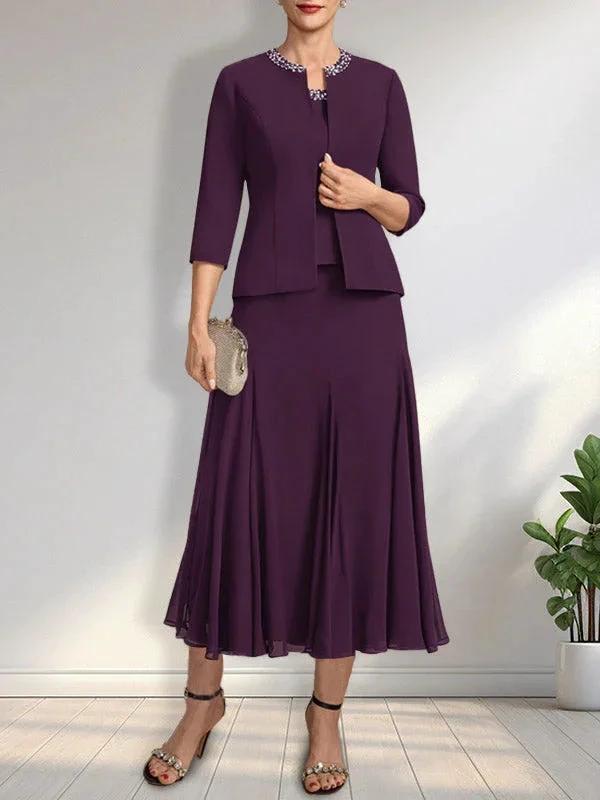 Separates A-line Scoop Tea-Length Chiffon Mother of the Bride Dress With Sequins Beading by Dreamylily