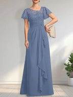 A-line Asymmetrical Illusion Floor-Length Lace Chiffon Mother of the Bride Dress With Cascading Ruffles Sequins by Dreamylily