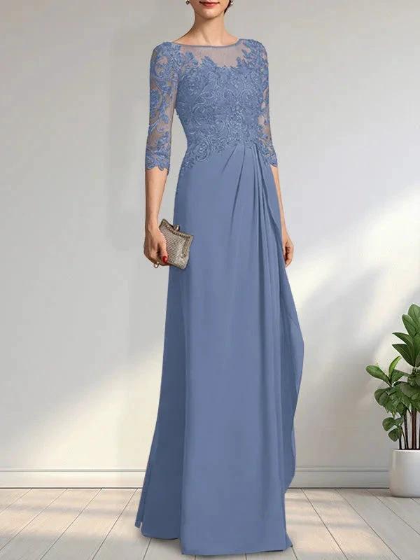 A-line Scoop Illusion Floor-Length Chiffon Lace Mother of the Bride Dress With Beading Sequins Cascading Ruffles by Dreamylily