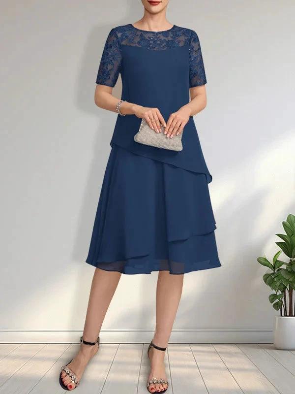 A-line Scoop Illusion Knee-Length Lace Chiffon Mother of the Bride Dress With Sequins by Dreamylily