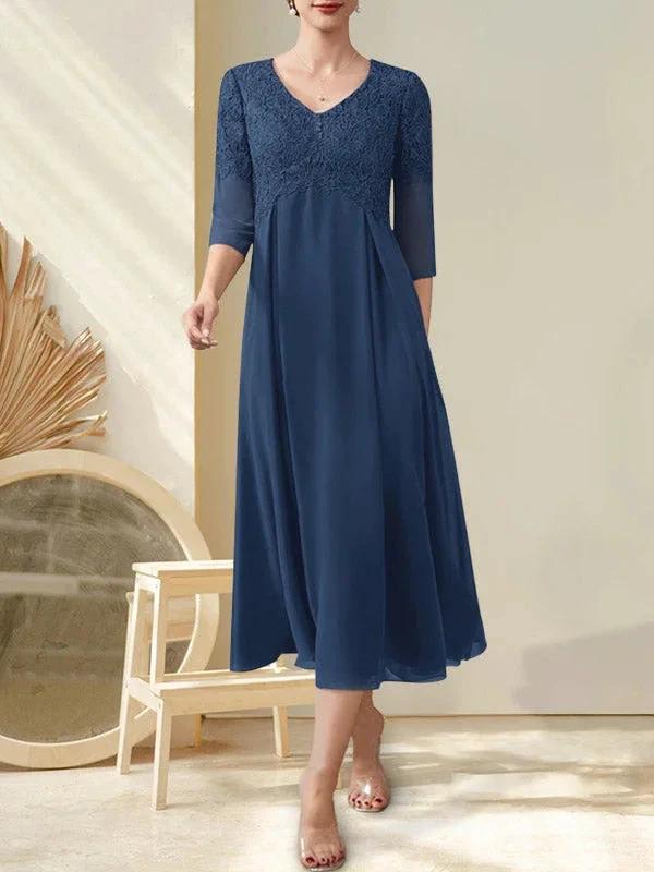 A-line V-Neck Tea-Length Chiffon Lace Mother of the Bride Dress With Beading by Dreamylily