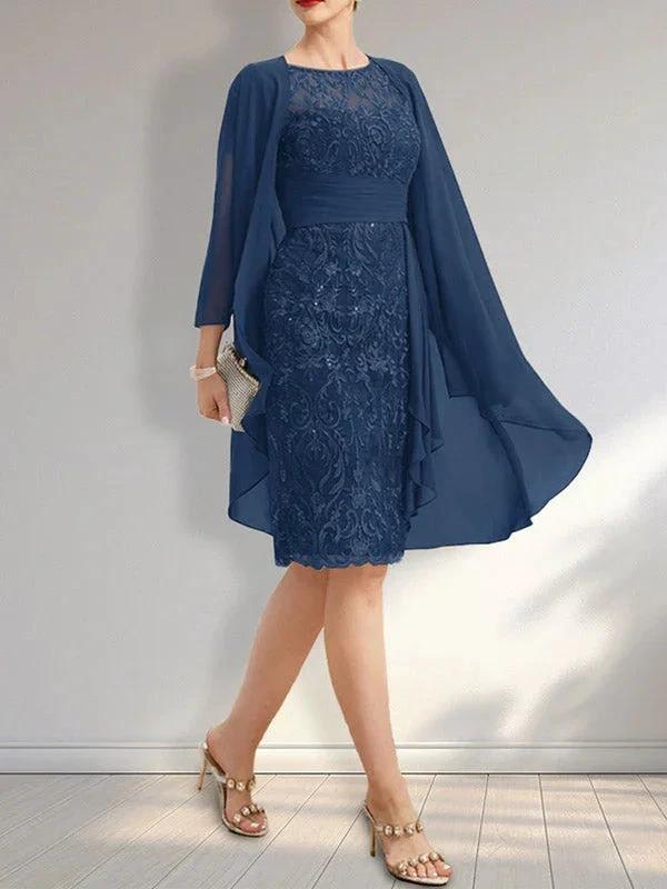 Sheath Scoop Illusion Knee-Length Lace Chiffon Mother of the Bride Dress With Cascading Ruffles Sequins by Dreamylily