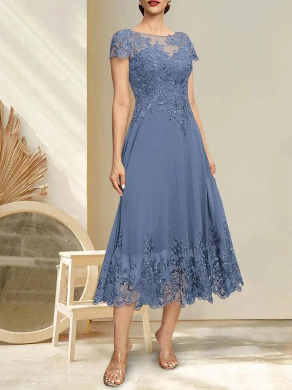 A-line Illusion Scoop Tea-Length Lace Chiffon Mother of the Bride Dress With Sequins by Dreamylily