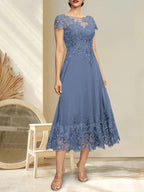 A-line Illusion Scoop Tea-Length Lace Chiffon Mother of the Bride Dress With Sequins by Dreamylily