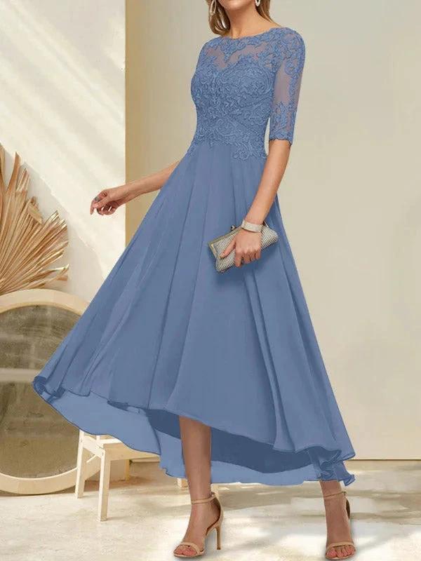 A-line Boat Neck Illusion Asymmetrical Chiffon Lace Mother of the Bride Dress With Sequins Beading by Dreamylily