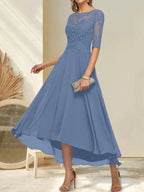 A-line Boat Neck Illusion Asymmetrical Chiffon Lace Mother of the Bride Dress With Sequins Beading by Dreamylily