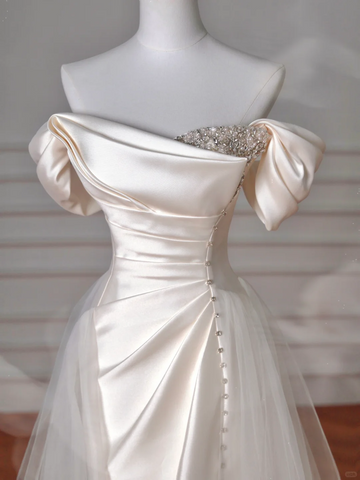 Elegantes weißes schulterfreies Satin-Meerjungfrauen-Abendkleid mit Perlen, formelles Ballkleid, Hochzeitskleid Y8617