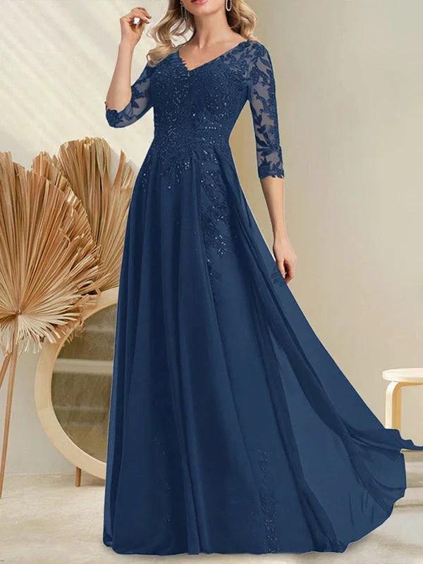 A-line V-Neck Floor-Length Lace Chiffon Mother of the Bride Dress With Sequins by Dreamylily