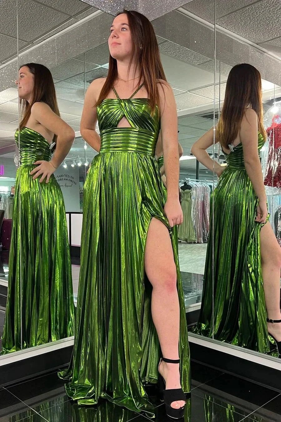 Madalyn| Metallic Keyhole Spaghetti Strap Long Prom Dress with Slit by KissProm