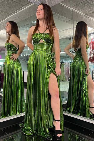 Madalyn| Vestido de fiesta largo con escote en forma de cerradura y tirantes finos metálicos con abertura