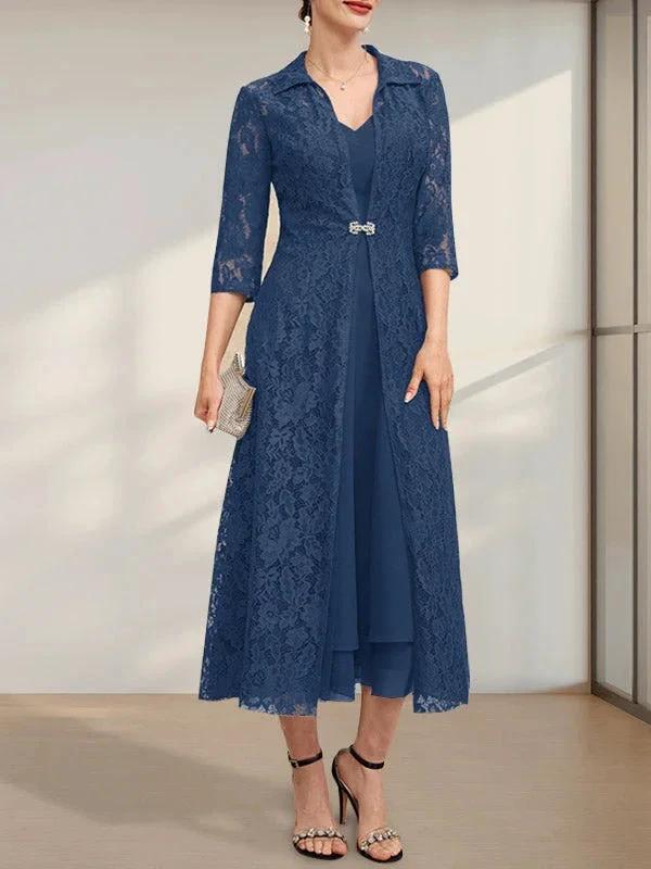 A-line V-Neck Tea-Length Chiffon Mother of the Bride Dress by Dreamylily