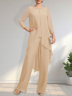 Separates Jumpsuit/Pantsuit Scoop Floor-Length Chiffon Mother of the Bride Dress With Sequins Beading