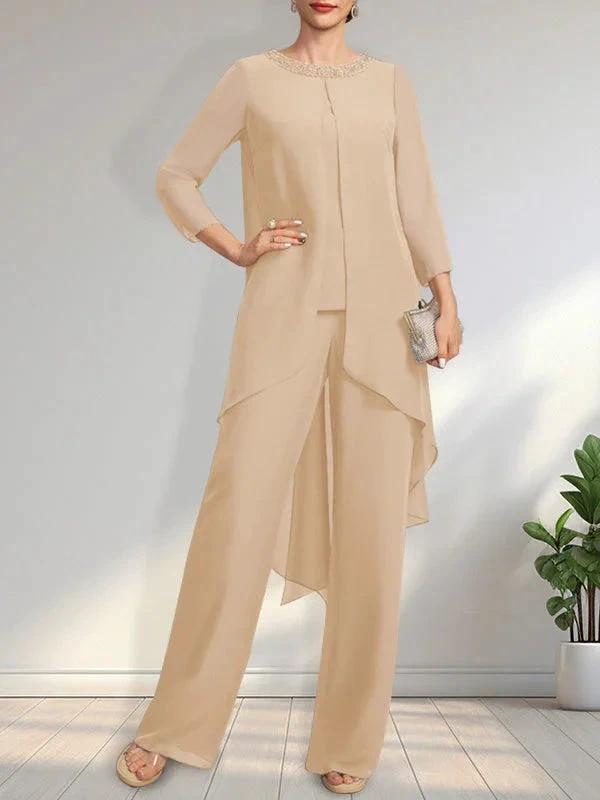 Separates Jumpsuit/Pantsuit Scoop Floor-Length Chiffon Mother of the Bride Dress With Sequins Beading by Dreamylily