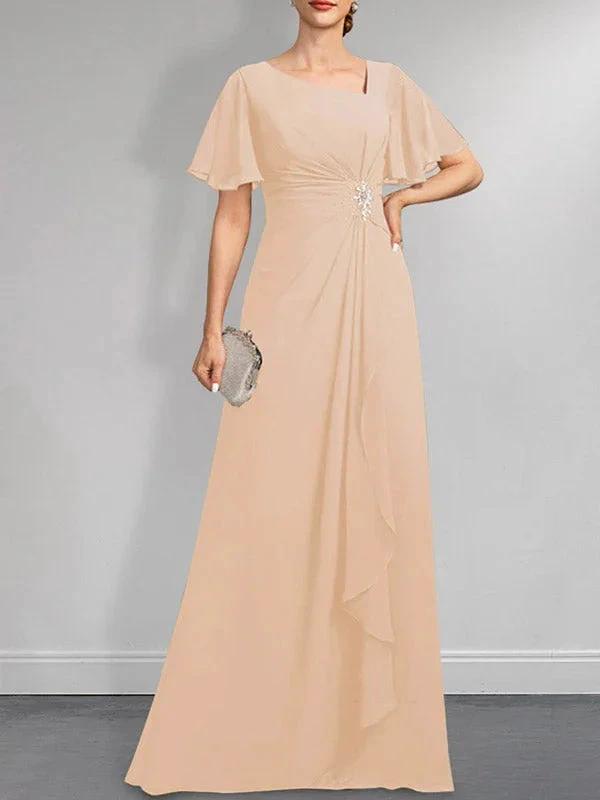 A-line Asymmetrical Floor-Length Chiffon Mother of the Bride Dress With Pleated Beading Sequins by Dreamylily
