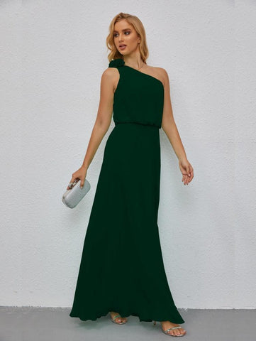Ruffled One Shoulder Sleeveless Long Bridesmaid Dresses A-line Formal Evening Gown Side Split 28080