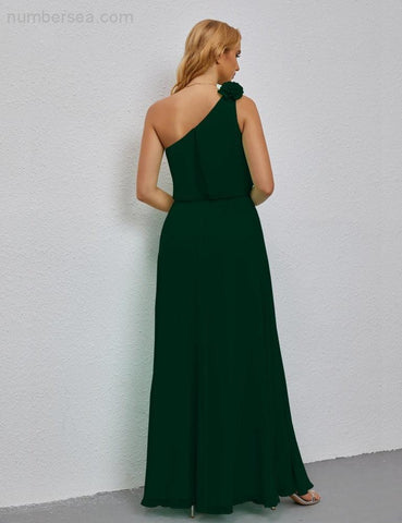 Ruffled One Shoulder Sleeveless Long Bridesmaid Dresses A-line Formal Evening Gown Side Split 28080