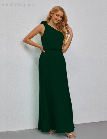 Ruffled One Shoulder Sleeveless Long Bridesmaid Dresses A-line Formal Evening Gown Side Split 28080