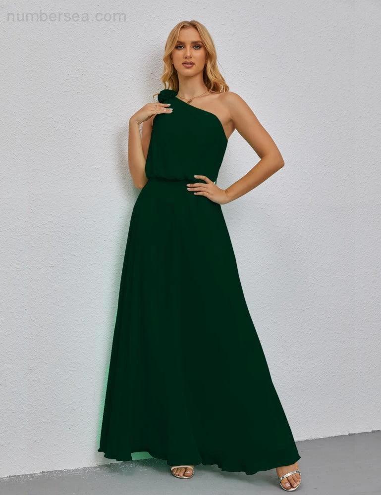 Ruffled One Shoulder Sleeveless Long Bridesmaid Dresses A-line Formal Evening Gown Side Split 28080 by numbersea