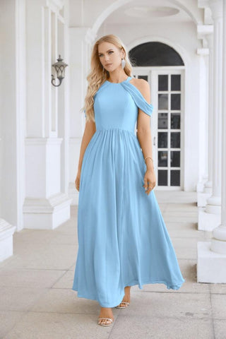 Ladies Chiffon Off Shoulder Swing Sleeve Front Slit Bridesmaid Evening Dress Wedding Party Evening Dress 28117