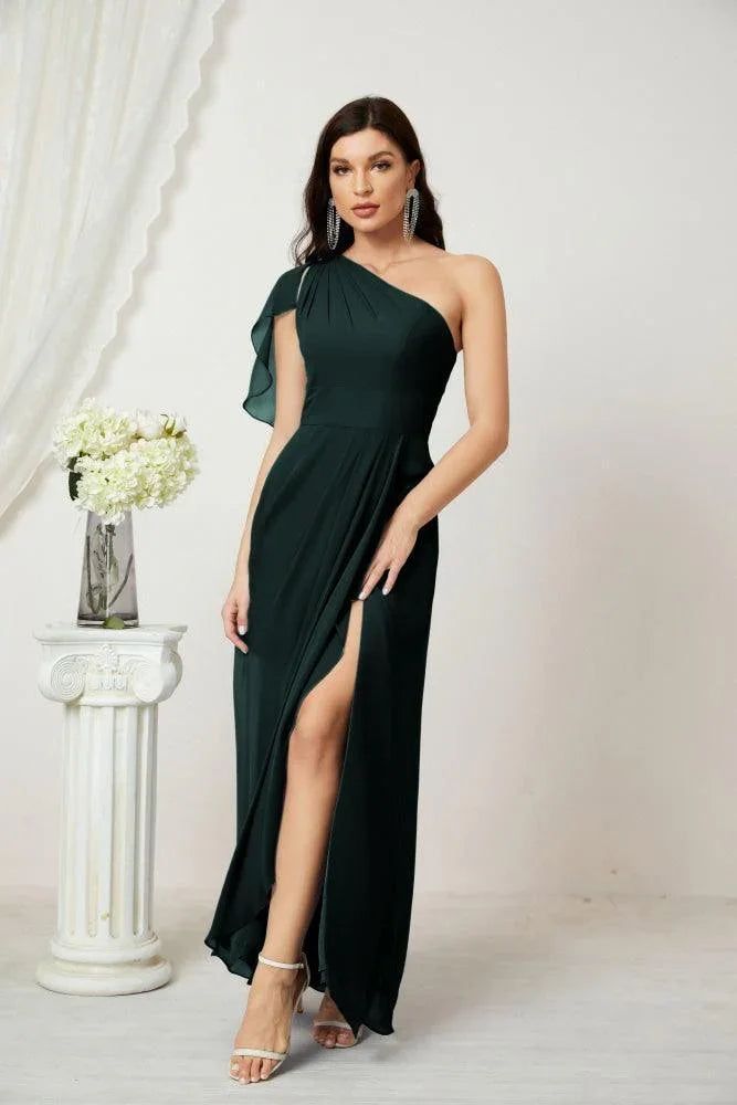 Numbersea Robe longue de demoiselle d'honneur en mousseline à volants, une épaule, coupe en A, robe de soirée formelle avec fente latérale 2809