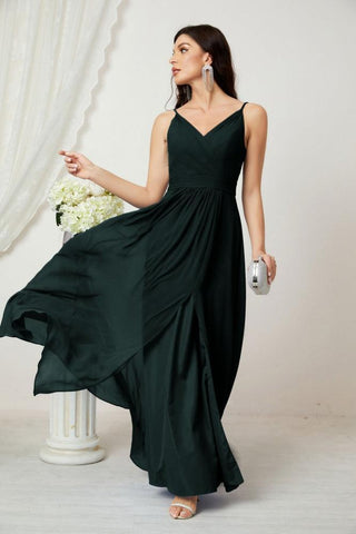 Numbersea Chiffon V-Neck Bridesmaid Dress Spaghetti Strap Long Formal Party Prom Gowns with Slit 28010