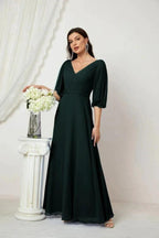Numbersea Formal Prom Gown Women V-Neck Chiffon Bridesmaid Dresses Long Bishop Sleeve Party Dress 2807 by numbersea