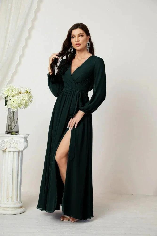 Sunnderly Evening Dresses Deep V-Neck Chiffon Bridesmaid Dresses Long Bishop Sleeve Side Split Formal Dress SY2806 by numbersea