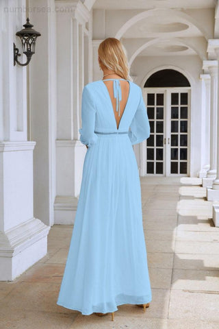 Ladies V Neck Chiffon Long Sleeve Front Slit Bridesmaid Evening Dress Wedding Party Shopping Evening Dress 28109