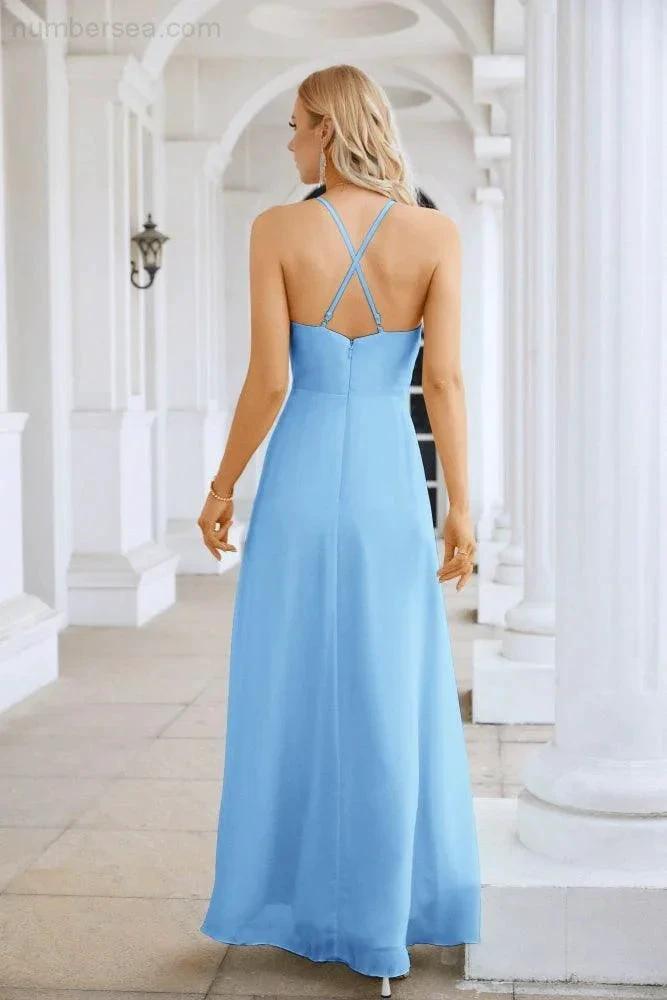 Ladies Chiffon Spaghetti Strap V Neck Front Slit Floor Length Bridesmaid Evening Dress Prom Party Wedding Evening Dress 28116 by numbersea