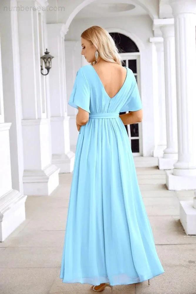 Ladies Chiffon Sleeve Crew Neck Front Slit Floor Length Bridesmaid Evening Dress Wedding Party Evening Dress 28124 by numbersea