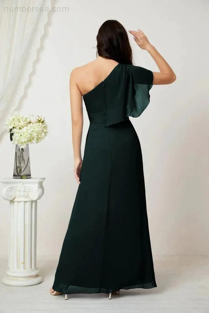Numbersea Chiffon Ruffled One Shoulder Long Bridesmaid Dresses A-line Formal Evening Gown Side Split 2809 by numbersea