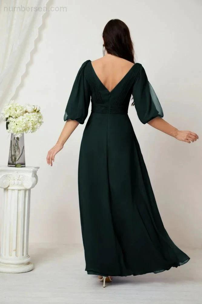 Numbersea Formal Prom Gown Women V-Neck Chiffon Bridesmaid Dresses Long Bishop Sleeve Party Dress 2807 by numbersea