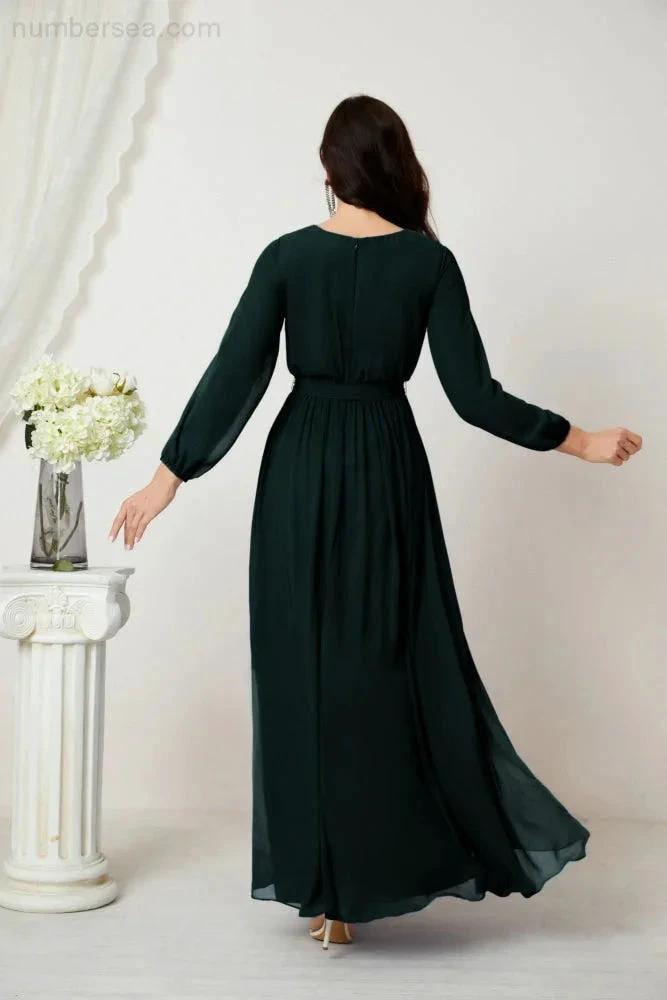 Sunnderly Evening Dresses Deep V-Neck Chiffon Bridesmaid Dresses Long Bishop Sleeve Side Split Formal Dress SY2806 by numbersea