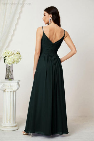 Numbersea Chiffon V-Neck Bridesmaid Dress Spaghetti Strap Long Formal Party Prom Gowns with Slit 28010
