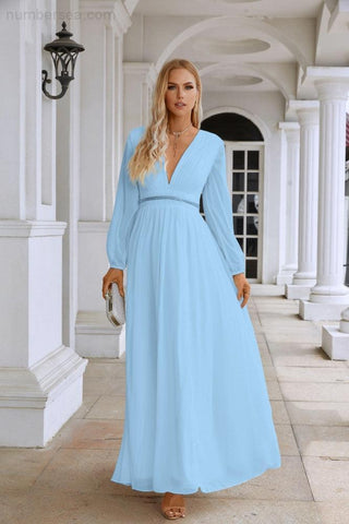 Ladies V Neck Chiffon Long Sleeve Front Slit Bridesmaid Evening Dress Wedding Party Shopping Evening Dress 28109