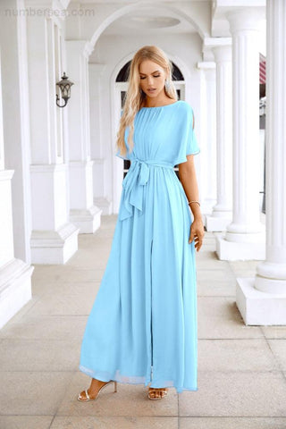 Ladies Chiffon Sleeve Crew Neck Front Slit Floor Length Bridesmaid Evening Dress Wedding Party Evening Dress 28124