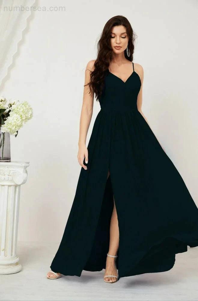 Numbersea Neck Bridesmaid Dresses Chiffon Long Spaghetti A-line Formal Prom Gown for Wedding Party Evening 2801 by numbersea