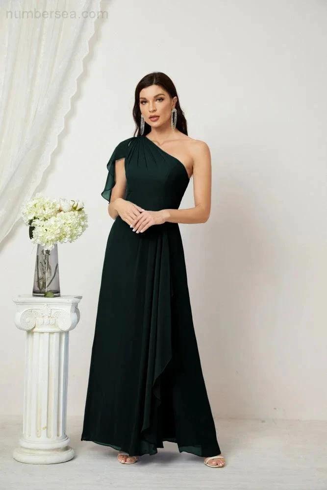 Numbersea Chiffon Ruffled One Shoulder Long Bridesmaid Dresses A-line Formal Evening Gown Side Split 2809 by numbersea