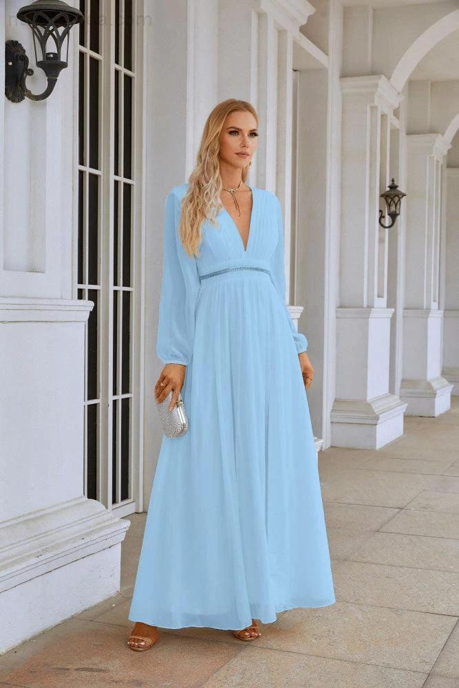 Ladies V Neck Chiffon Long Sleeve Front Slit Bridesmaid Evening Dress Wedding Party Shopping Evening Dress 28109 by numbersea