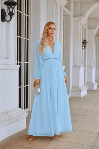 Ladies V Neck Chiffon Long Sleeve Front Slit Bridesmaid Evening Dress Wedding Party Shopping Evening Dress 28109